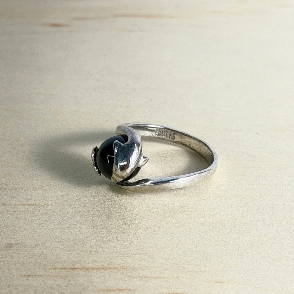 Sterling Silver Dolphin Ring Onyx Black Orb Bypass Minimalist 925 Statement